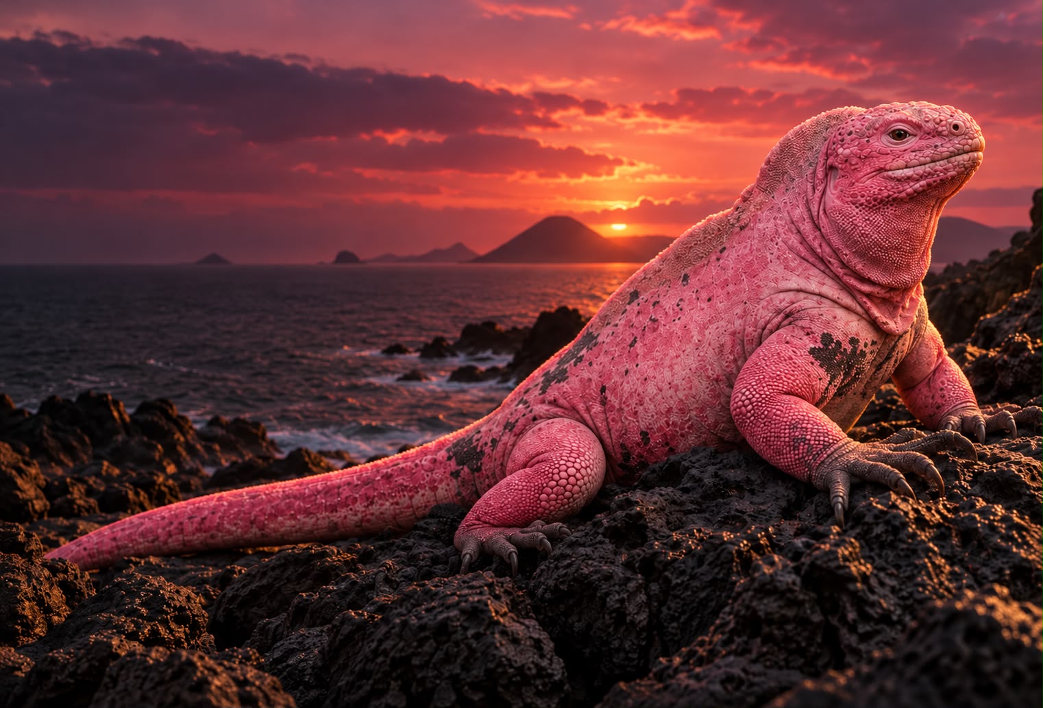 Composición artística de una iguana rosada sobre rocas volcánicas bajo un cielo rosa